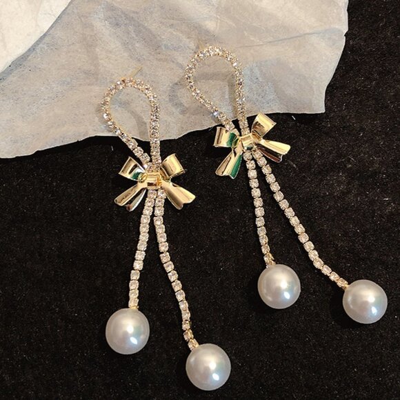 Bow Knot Rhinestone Pearl Earrings - Picture 2 of 2
